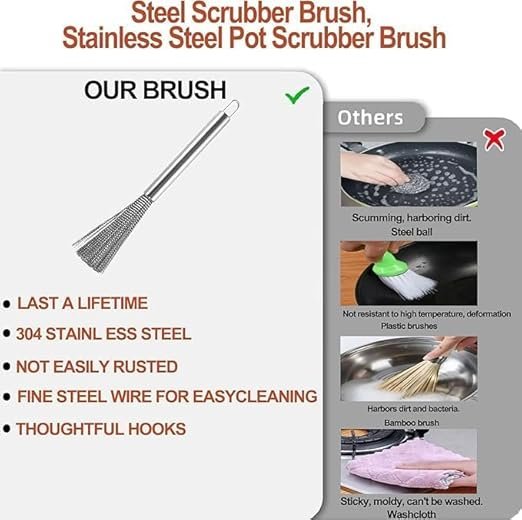 brush 4 Stainless Steel Pan Cleaning Brush | Kitchen Brush | Pan Scrubber | Wok Brush | Pot Scrubber | Dishes Scrub Brush | Steel Scrubbers for Cleaning Dishes | Steel Wool Scrubber with Handle | Steel Scrubber | Steel Scrubber Brush - Image 1